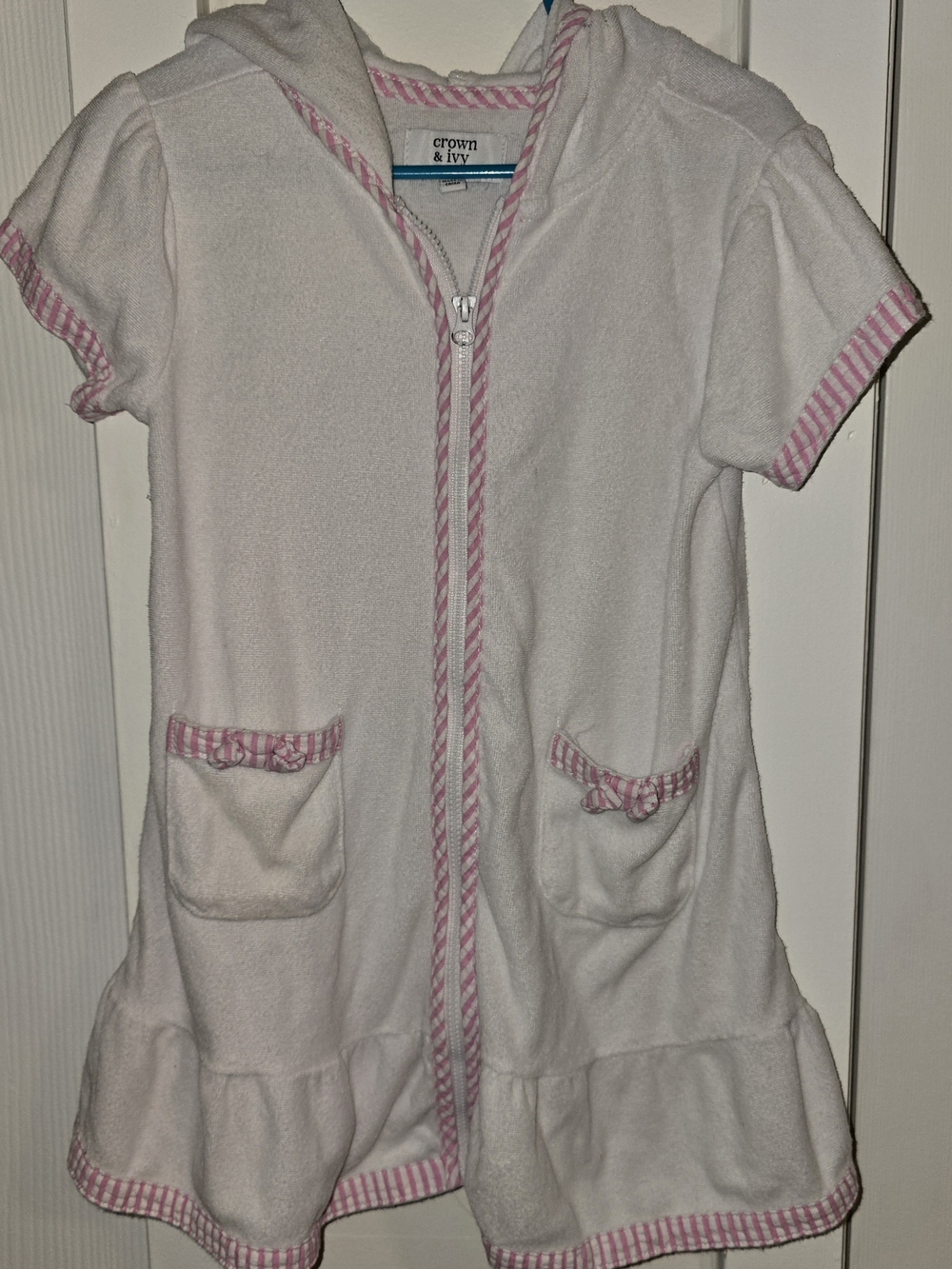 crown & ivy White Hooded Short-Sleeve Terry Pajama Dress with Pink Trim Size 5